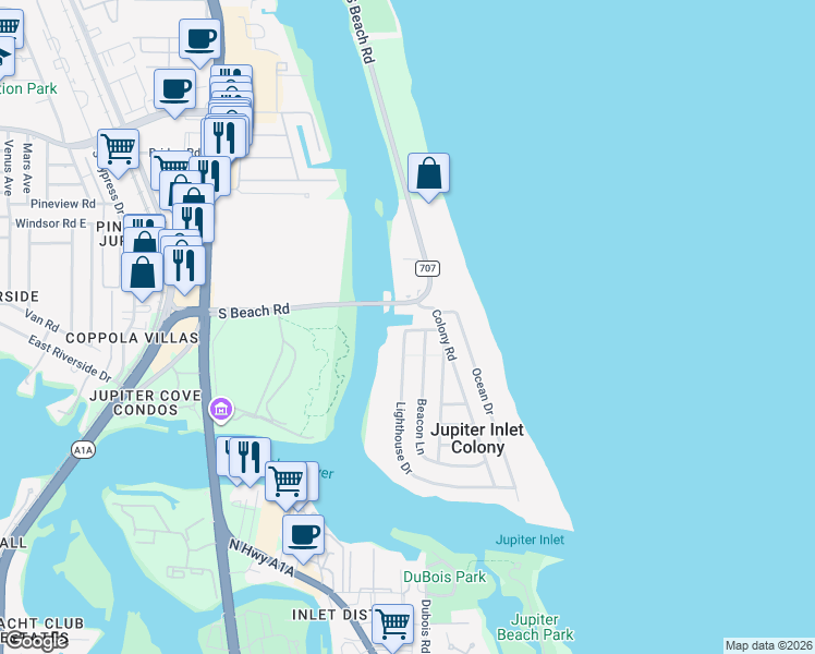 map of restaurants, bars, coffee shops, grocery stores, and more near 46 South Beach Road in Tequesta