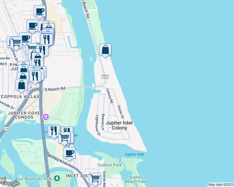 map of restaurants, bars, coffee shops, grocery stores, and more near 3 Ocean Drive in Jupiter