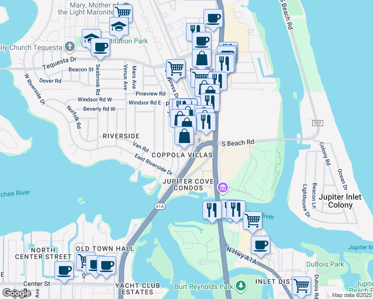 map of restaurants, bars, coffee shops, grocery stores, and more near 1440 South Cypress Drive in Jupiter