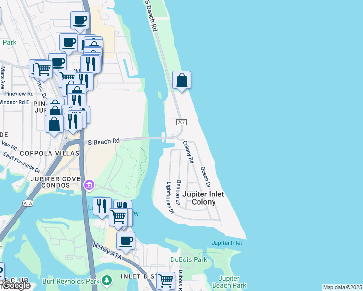 map of restaurants, bars, coffee shops, grocery stores, and more near 50 Ocean Drive in Tequesta