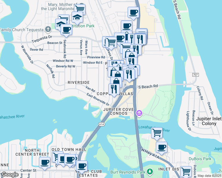 map of restaurants, bars, coffee shops, grocery stores, and more near 1440 South Cypress Drive in Jupiter