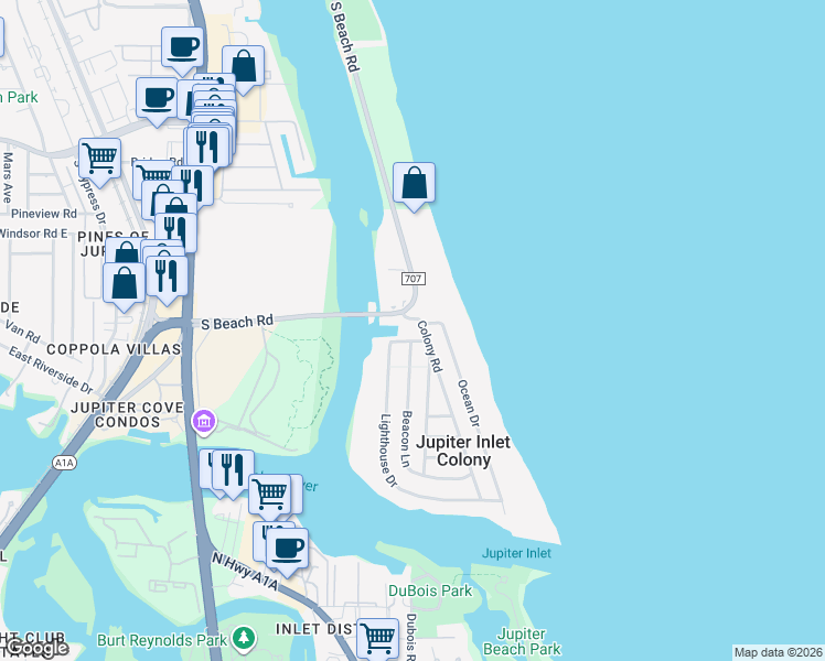 map of restaurants, bars, coffee shops, grocery stores, and more near 50 South Beach Road in Jupiter