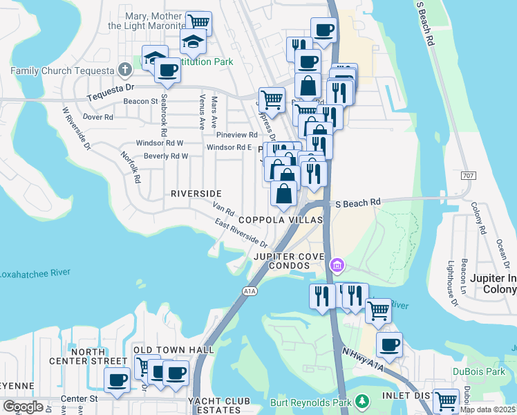 map of restaurants, bars, coffee shops, grocery stores, and more near 1420 Berkshire Avenue in Jupiter