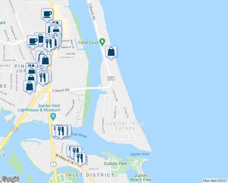 map of restaurants, bars, coffee shops, grocery stores, and more near 50 Ocean Drive in Tequesta