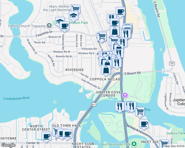 map of restaurants, bars, coffee shops, grocery stores, and more near 1420 Berkshire Avenue in Jupiter