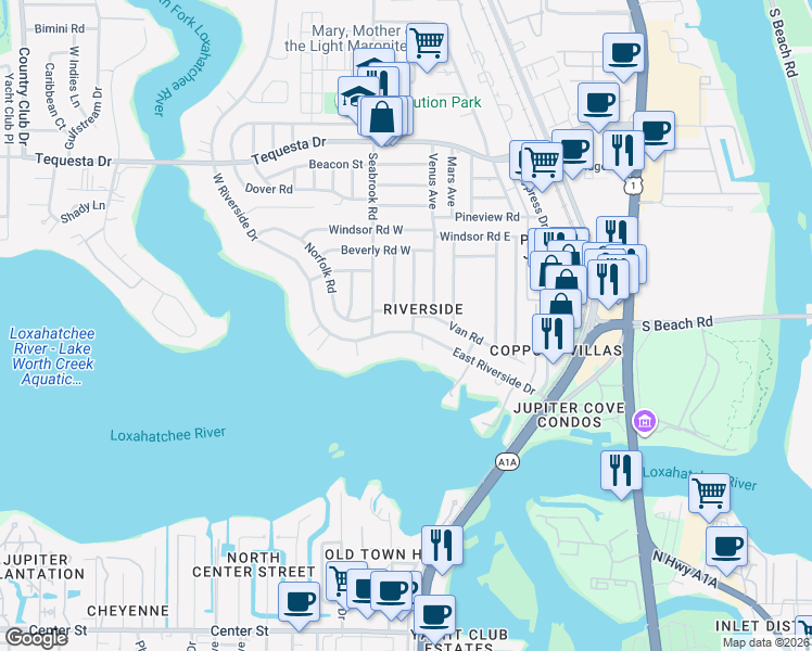 map of restaurants, bars, coffee shops, grocery stores, and more near 9 West Riverside Drive in Jupiter