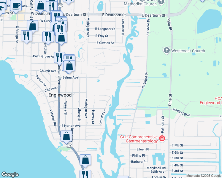 map of restaurants, bars, coffee shops, grocery stores, and more near 221 High Point Drive in Englewood