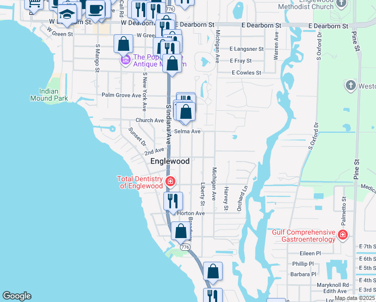map of restaurants, bars, coffee shops, grocery stores, and more near 598 South Broadway in Englewood