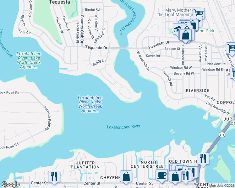 map of restaurants, bars, coffee shops, grocery stores, and more near 18761 Rio Vista Drive in Tequesta