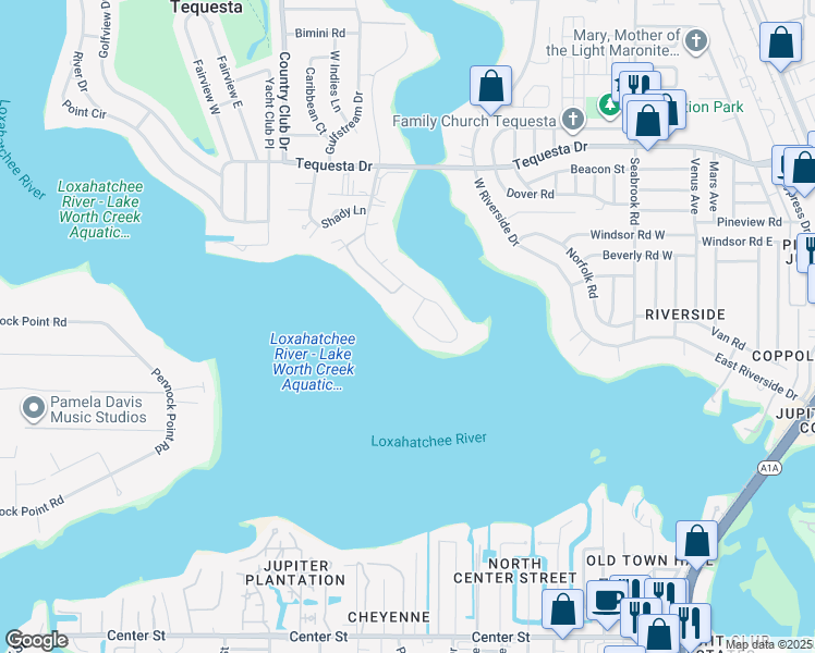 map of restaurants, bars, coffee shops, grocery stores, and more near 18761 Rio Vista Drive in Tequesta