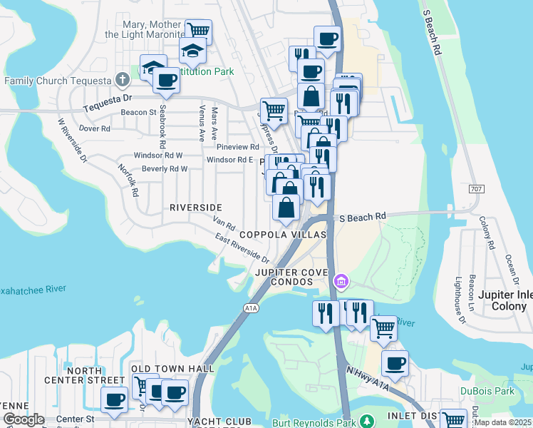 map of restaurants, bars, coffee shops, grocery stores, and more near 1420 Berkshire Avenue in Jupiter