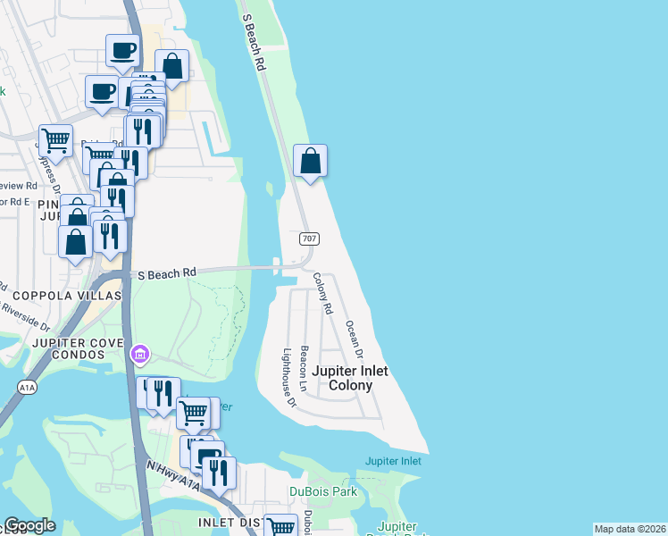 map of restaurants, bars, coffee shops, grocery stores, and more near 3 Ocean Drive in Jupiter