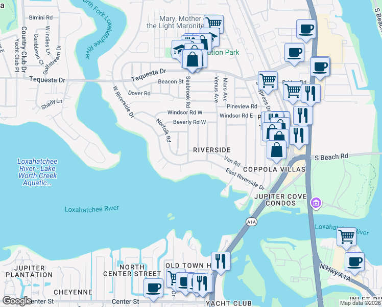 map of restaurants, bars, coffee shops, grocery stores, and more near 101 West Riverside Drive in Jupiter