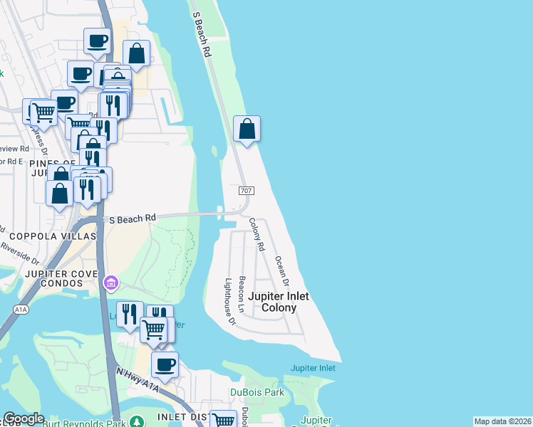 map of restaurants, bars, coffee shops, grocery stores, and more near 3 Ocean Drive in Jupiter