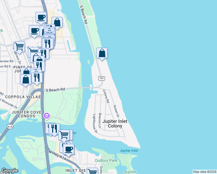 map of restaurants, bars, coffee shops, grocery stores, and more near 50 Ocean Drive in Tequesta