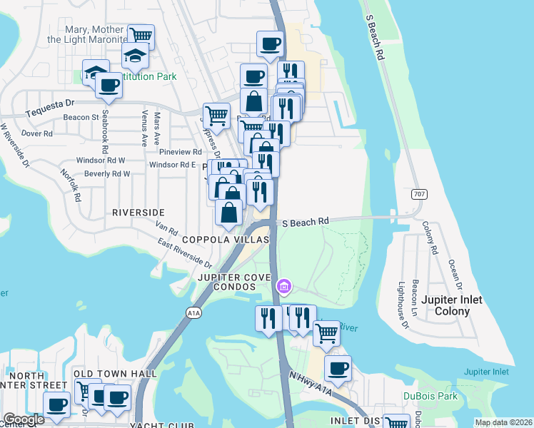 map of restaurants, bars, coffee shops, grocery stores, and more near North US Highway 1 in Jupiter