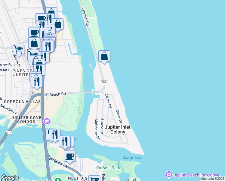 map of restaurants, bars, coffee shops, grocery stores, and more near 200 South Beach Road in Jupiter