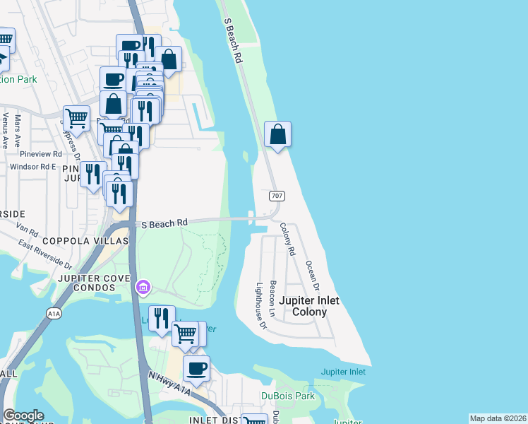 map of restaurants, bars, coffee shops, grocery stores, and more near 275 South Beach Road in Tequesta