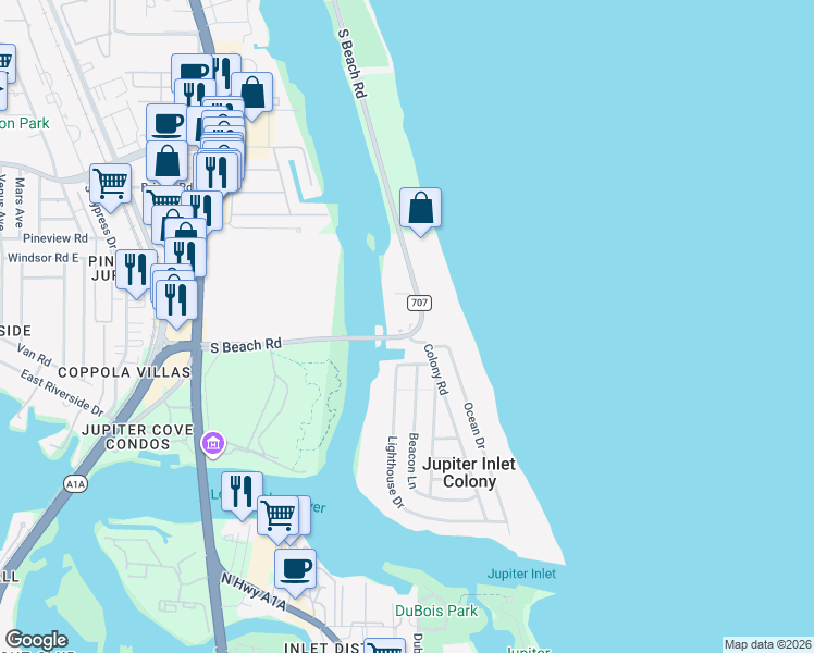 map of restaurants, bars, coffee shops, grocery stores, and more near 275 South Beach Road in Tequesta