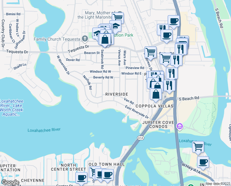 map of restaurants, bars, coffee shops, grocery stores, and more near 1505 Kingsley Road in Jupiter