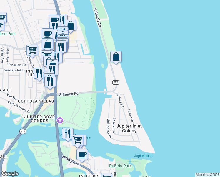 map of restaurants, bars, coffee shops, grocery stores, and more near 275 South Beach Road in Tequesta