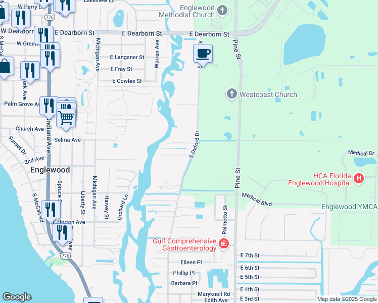 map of restaurants, bars, coffee shops, grocery stores, and more near 595 Denburn Court in Englewood