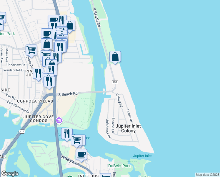 map of restaurants, bars, coffee shops, grocery stores, and more near 275 South Beach Road in Jupiter