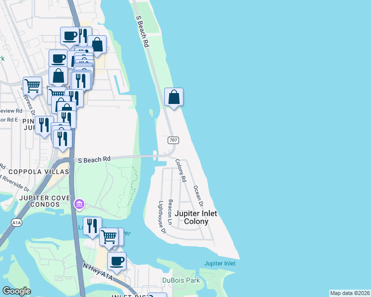 map of restaurants, bars, coffee shops, grocery stores, and more near 200 South Beach Road in Tequesta