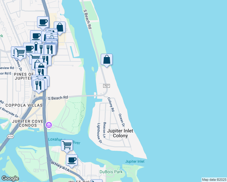 map of restaurants, bars, coffee shops, grocery stores, and more near 250 Ocean Drive in Jupiter