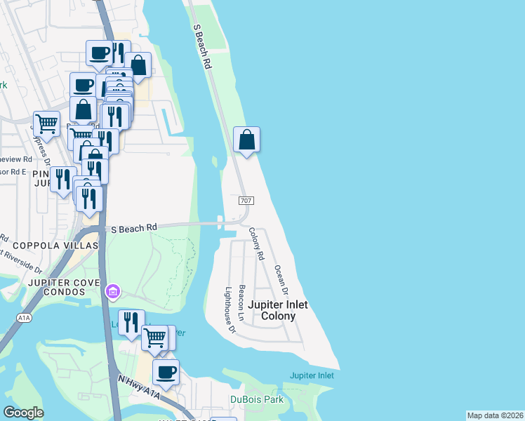 map of restaurants, bars, coffee shops, grocery stores, and more near 250 Ocean Drive in Jupiter