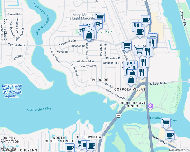 map of restaurants, bars, coffee shops, grocery stores, and more near 1512 Kingsley Road in Jupiter