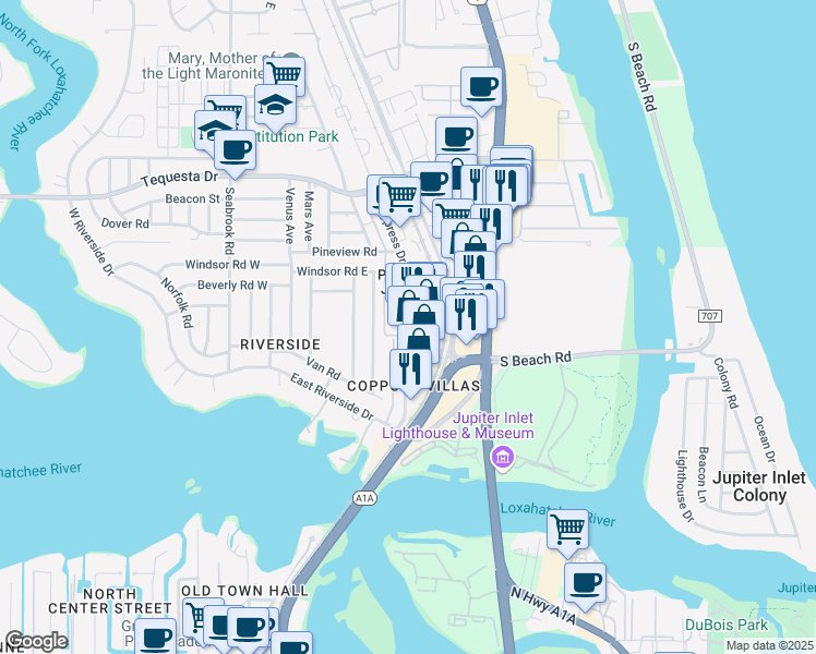 map of restaurants, bars, coffee shops, grocery stores, and more near 1535 South Cypress Drive in Jupiter