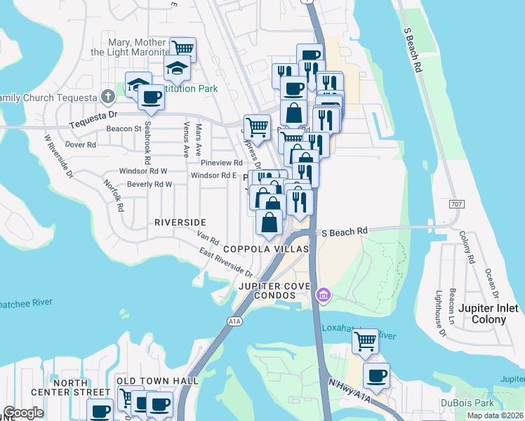 map of restaurants, bars, coffee shops, grocery stores, and more near 1535 South Cypress Drive in Jupiter