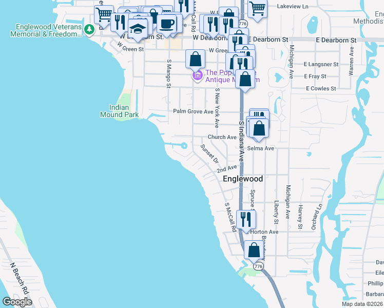 map of restaurants, bars, coffee shops, grocery stores, and more near 204 Bahia Vista Drive in Englewood