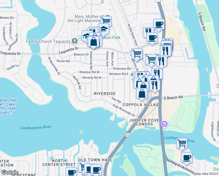 map of restaurants, bars, coffee shops, grocery stores, and more near 1515 Venus Avenue in Jupiter