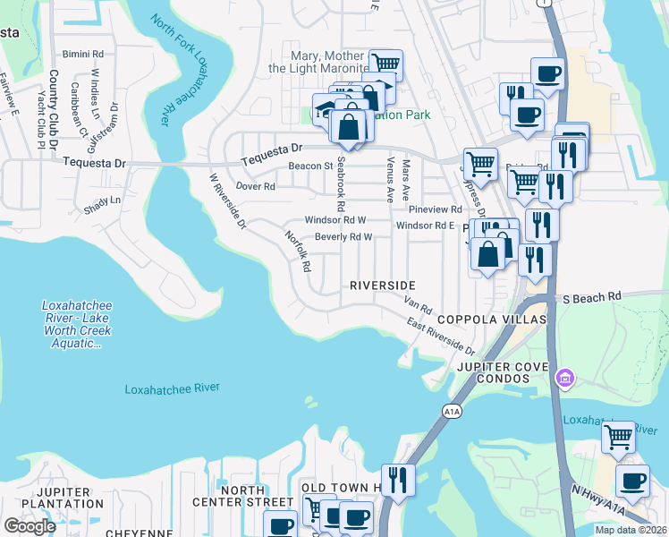 map of restaurants, bars, coffee shops, grocery stores, and more near 1512 Seabrook Road in Jupiter