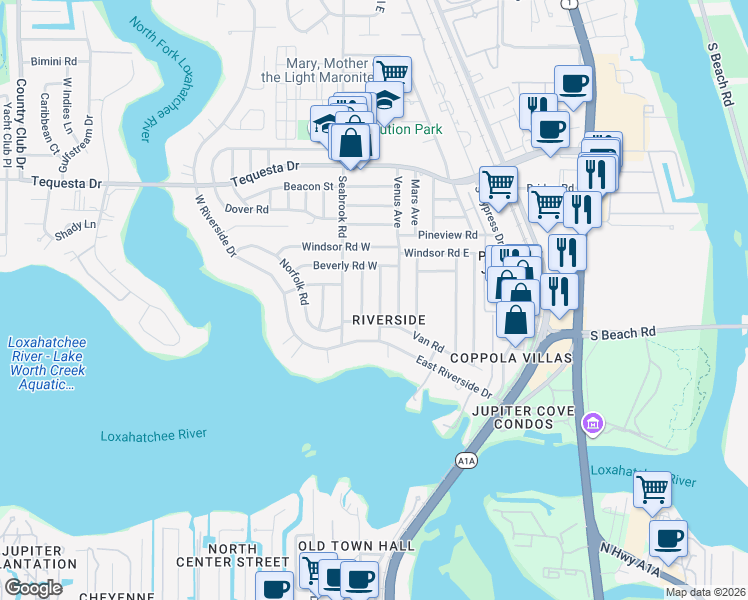 map of restaurants, bars, coffee shops, grocery stores, and more near 1512 Kingsley Road in Jupiter