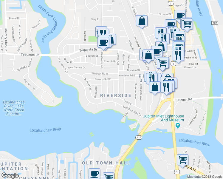 map of restaurants, bars, coffee shops, grocery stores, and more near 1512 Kingsley Road in Jupiter