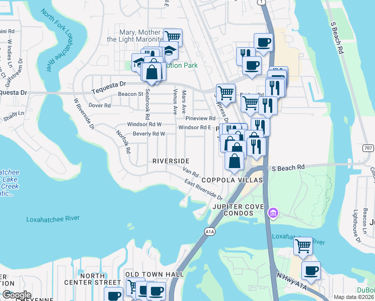 map of restaurants, bars, coffee shops, grocery stores, and more near 1515 Venus Avenue in Jupiter