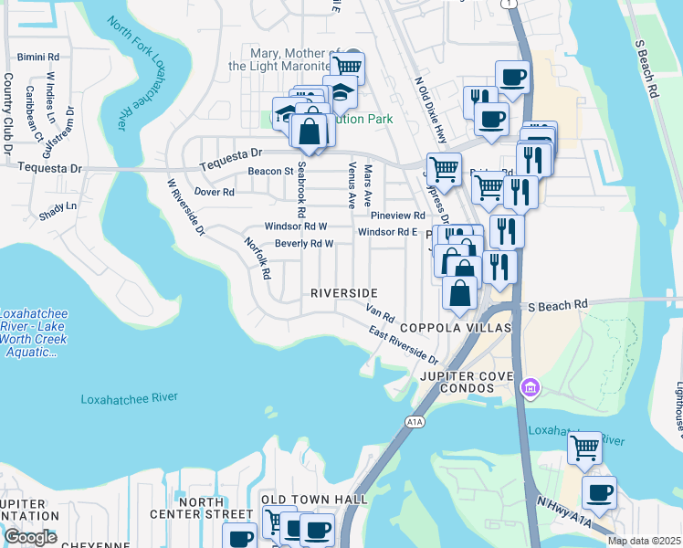 map of restaurants, bars, coffee shops, grocery stores, and more near 1512 Kingsley Road in Jupiter