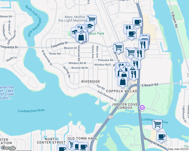 map of restaurants, bars, coffee shops, grocery stores, and more near 1515 Venus Avenue in Jupiter
