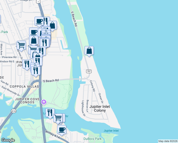 map of restaurants, bars, coffee shops, grocery stores, and more near 250 Ocean Drive in Jupiter