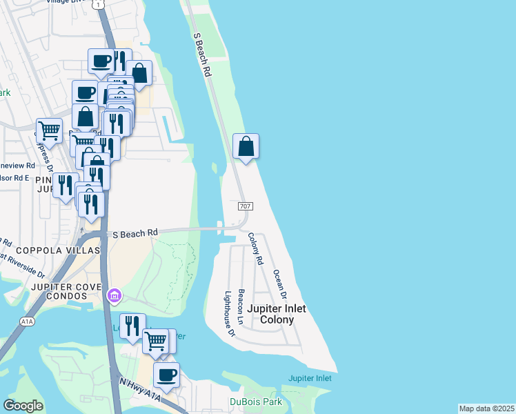 map of restaurants, bars, coffee shops, grocery stores, and more near 250 South Beach Road in Jupiter