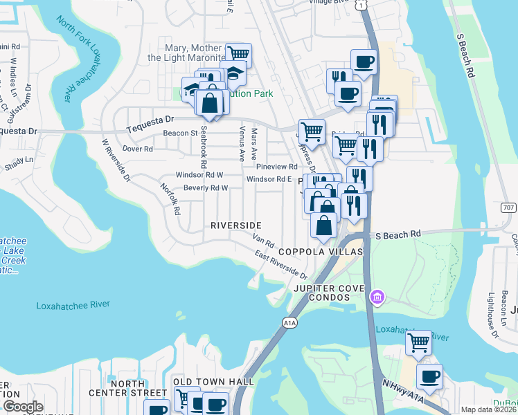 map of restaurants, bars, coffee shops, grocery stores, and more near 1521 Treemont Avenue in Jupiter