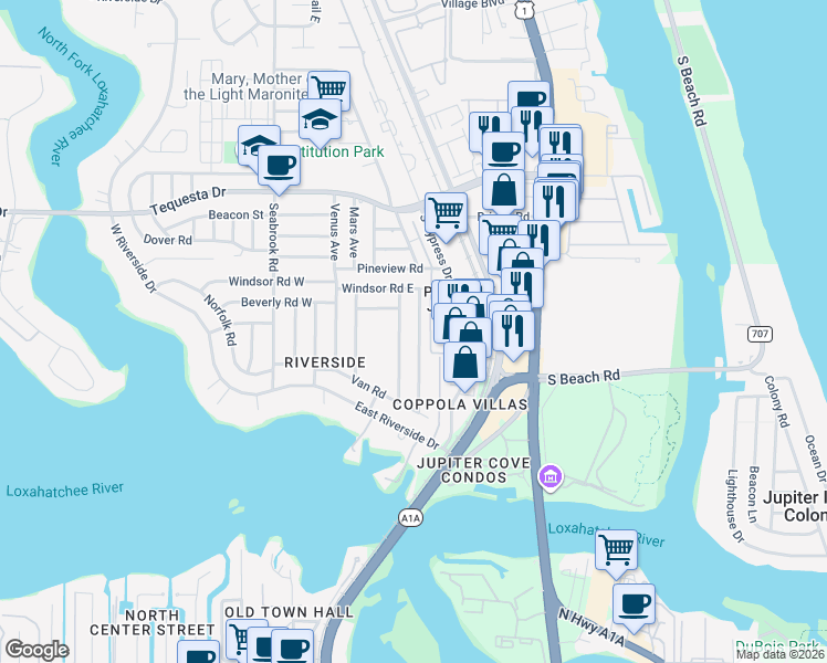 map of restaurants, bars, coffee shops, grocery stores, and more near 1523 Berkshire Avenue in Jupiter