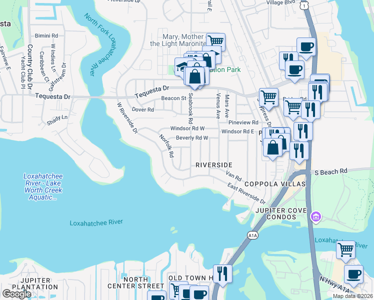 map of restaurants, bars, coffee shops, grocery stores, and more near 100 Norwood Road in Jupiter