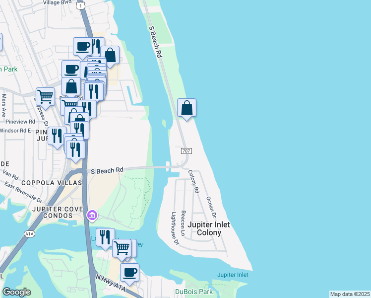 map of restaurants, bars, coffee shops, grocery stores, and more near 250 Ocean Drive in Jupiter