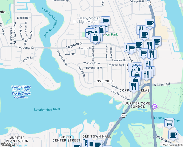 map of restaurants, bars, coffee shops, grocery stores, and more near 1512 Seabrook Road in Jupiter