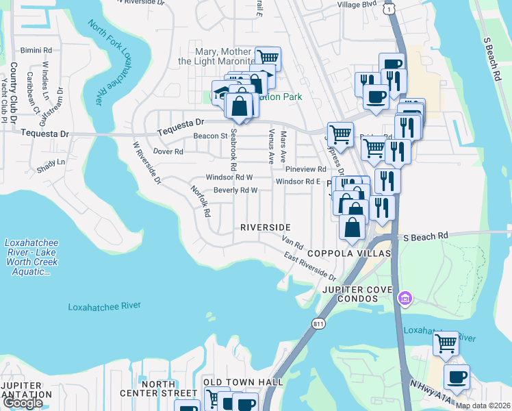 map of restaurants, bars, coffee shops, grocery stores, and more near 1512 Kingsley Road in Jupiter