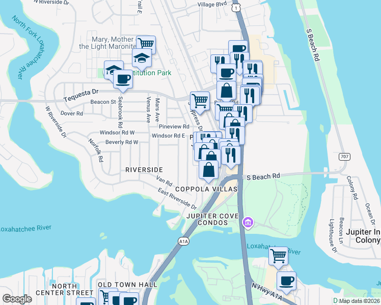map of restaurants, bars, coffee shops, grocery stores, and more near 1524 Berkshire Avenue in Jupiter